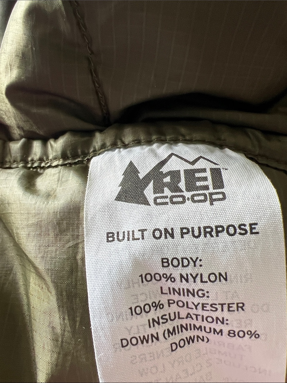 REI Women’s Olive Green Co-op Down Hooded Puffer Jacket - Picture 3 of 3